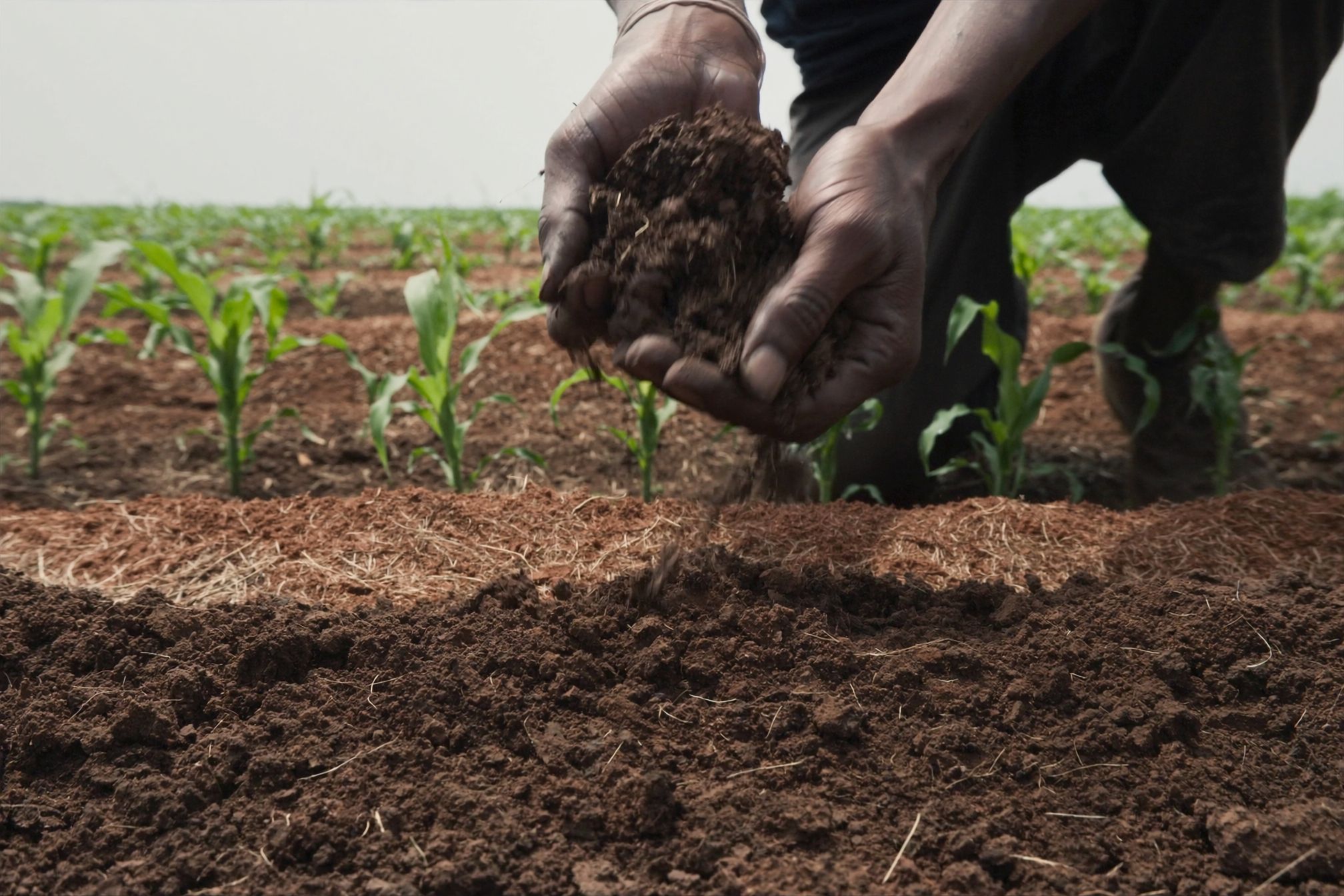 A pair of hands crumbling dark, friable soil over a mulched bed, with rows of young maize seedlings behind.