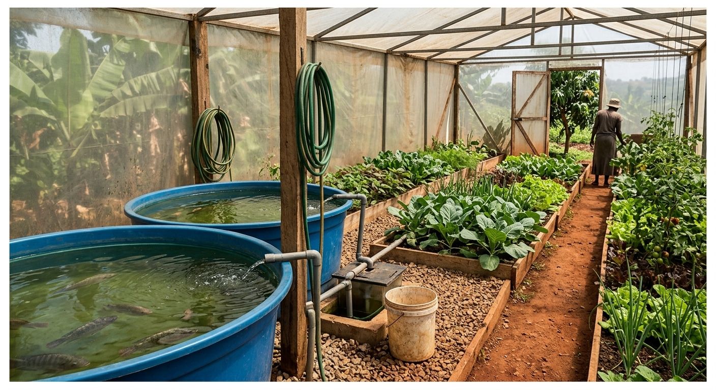 Two round blue fish tanks piped into timber grow beds of leafy vegetables inside a greenhouse, with a worker walking between the beds.
