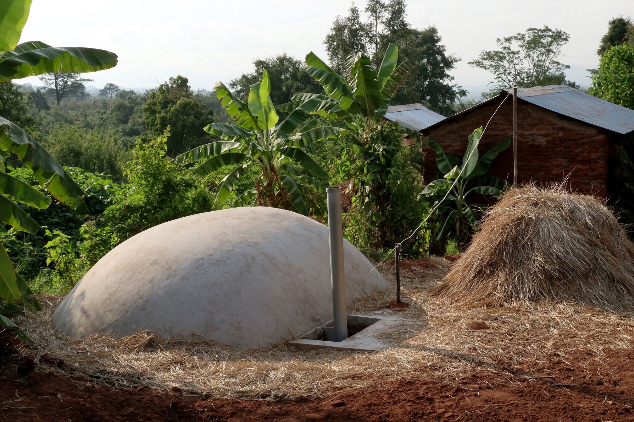A domed biogas digester set into the ground behind a brick farmhouse, a steel gas pipe rising from it and a stack of dried crop residue alongside.