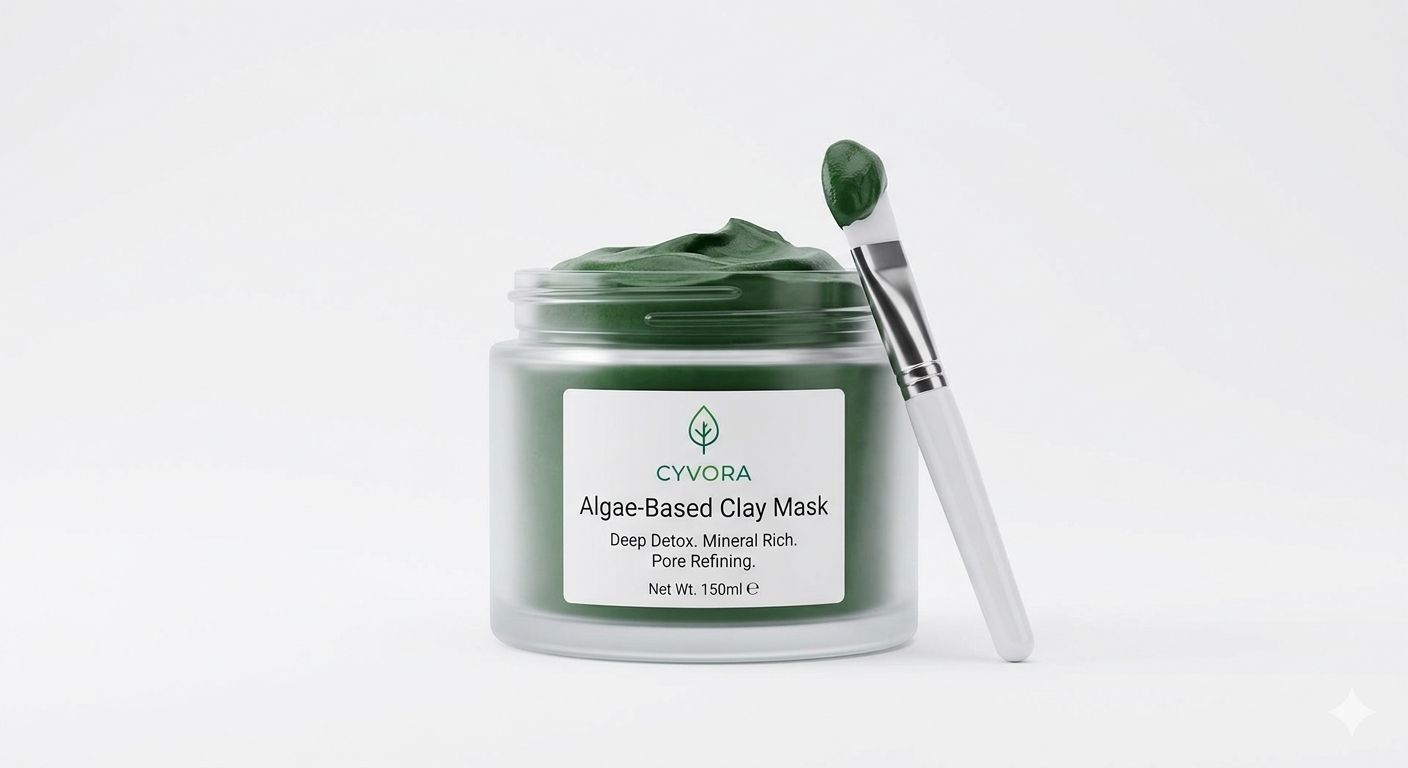 An open jar of dark green Cyvora algae-infused clay mask beside its carton.