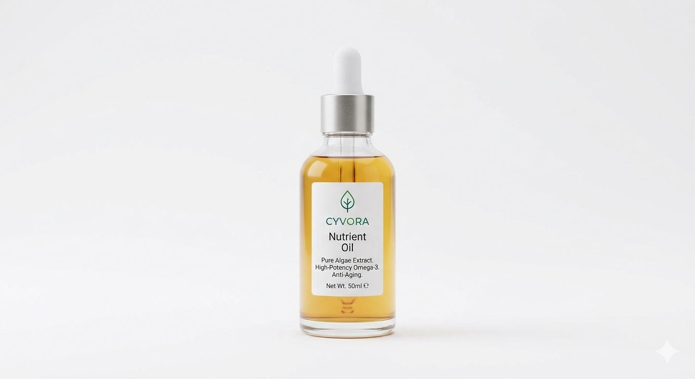 A 50 ml dropper bottle of Cyvora algae-infused nutrient oil beside its carton.