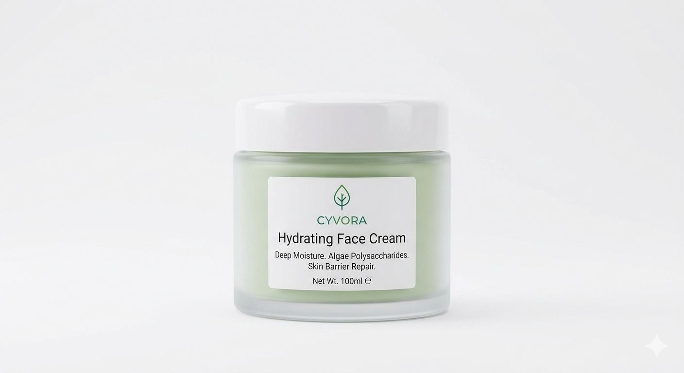 A 100 ml jar of Cyvora algae-peptide hydrating face cream beside its carton.