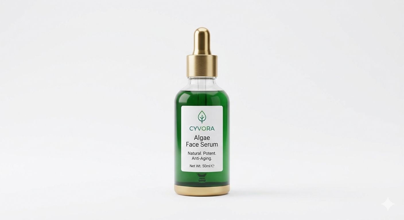 A 50 ml dropper bottle of Cyvora algae-peptide face serum beside its carton.