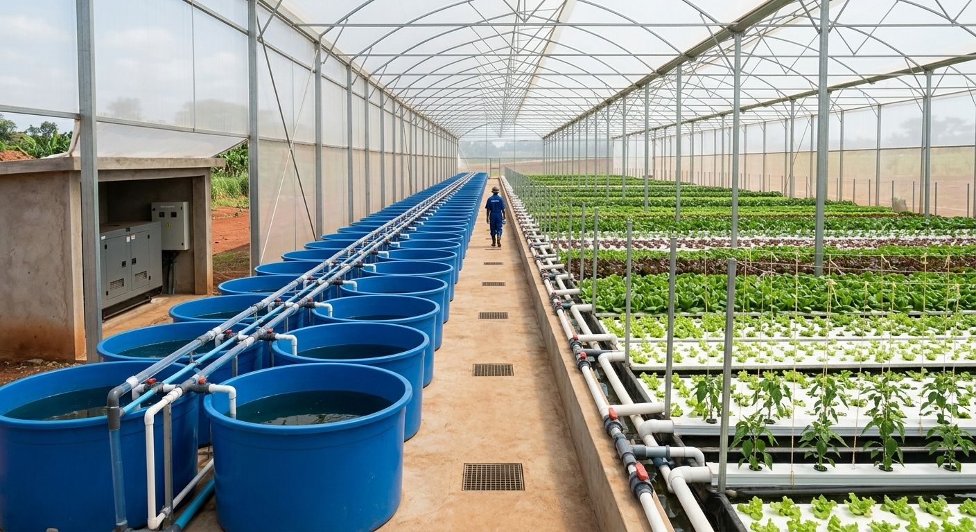 A long greenhouse with a double row of blue fish tanks piped together down one side and wide raft beds of lettuce and pepper plants down the other.