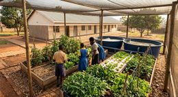 A shared aquaponics system under a shade net beside a school building, with raised beds of leafy vegetables and tomatoes, two large blue fish tanks, and pupils and a teacher working at the beds.