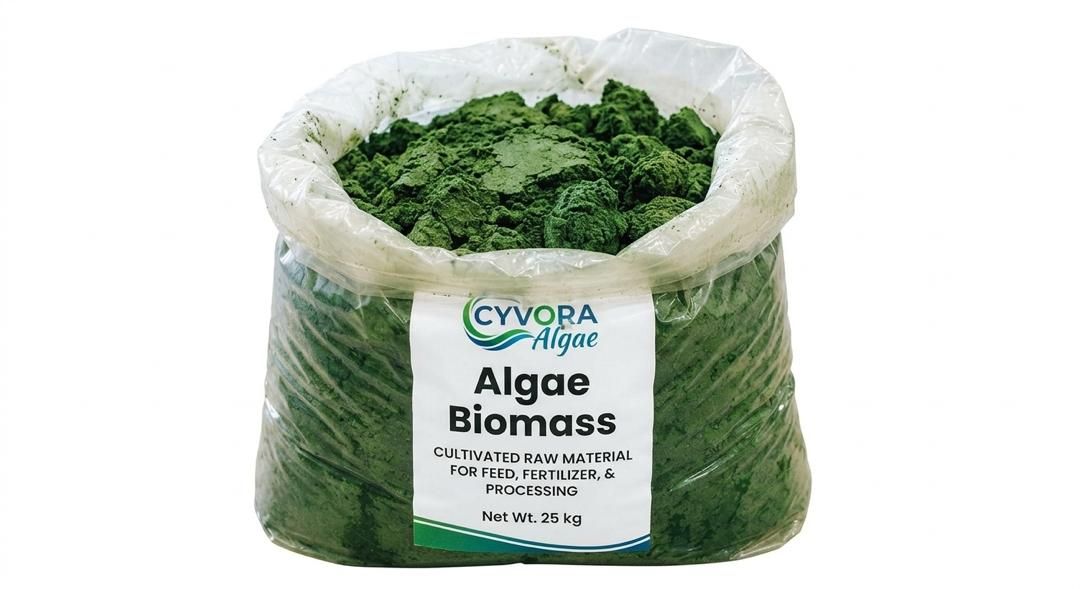 A 25 kg clear bulk bag filled with dark green Cyvora algae biomass, labelled Cyvora Algae — Algae Biomass, cultivated raw material for feed, fertilizer and processing.