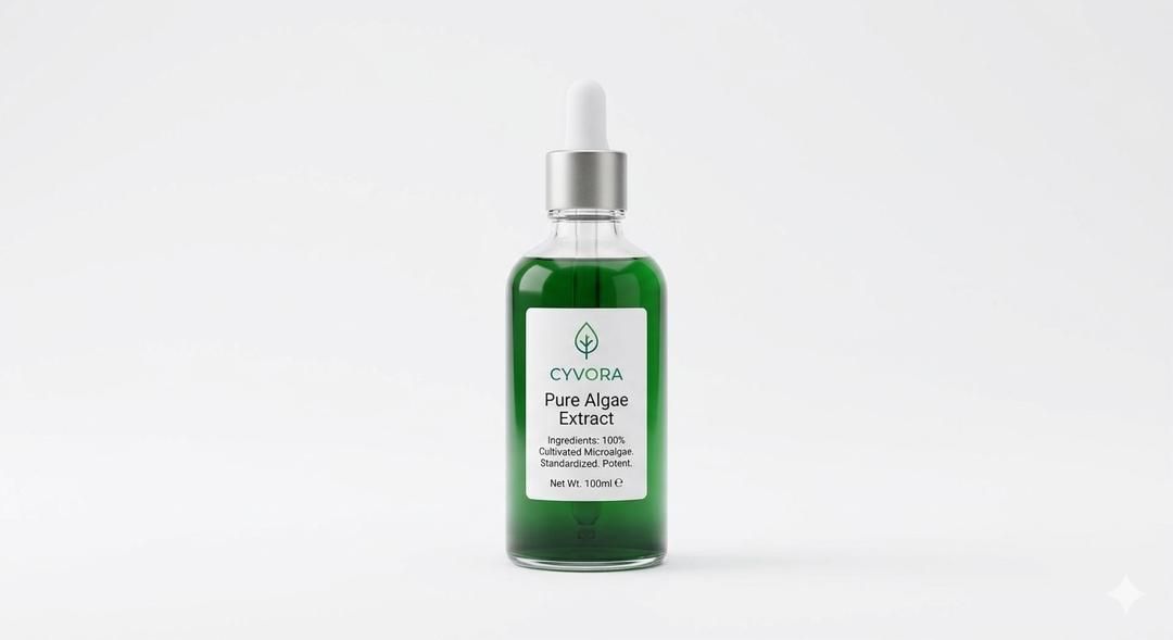 A small glass bottle of deep emerald-green Cyvora pure algae extract, cosmetic grade.