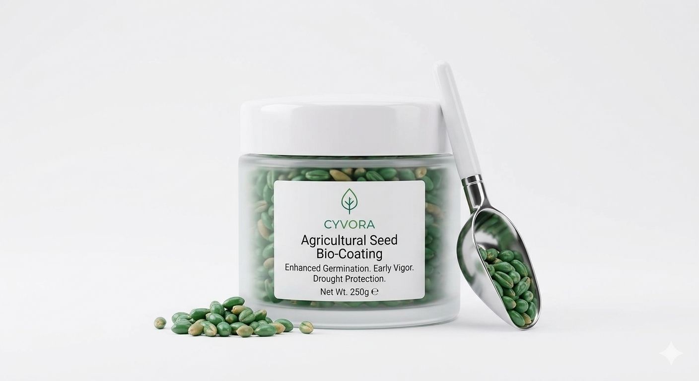 A 1 litre container of Cyvora seed priming bio-coating beside a tray of coated seed.