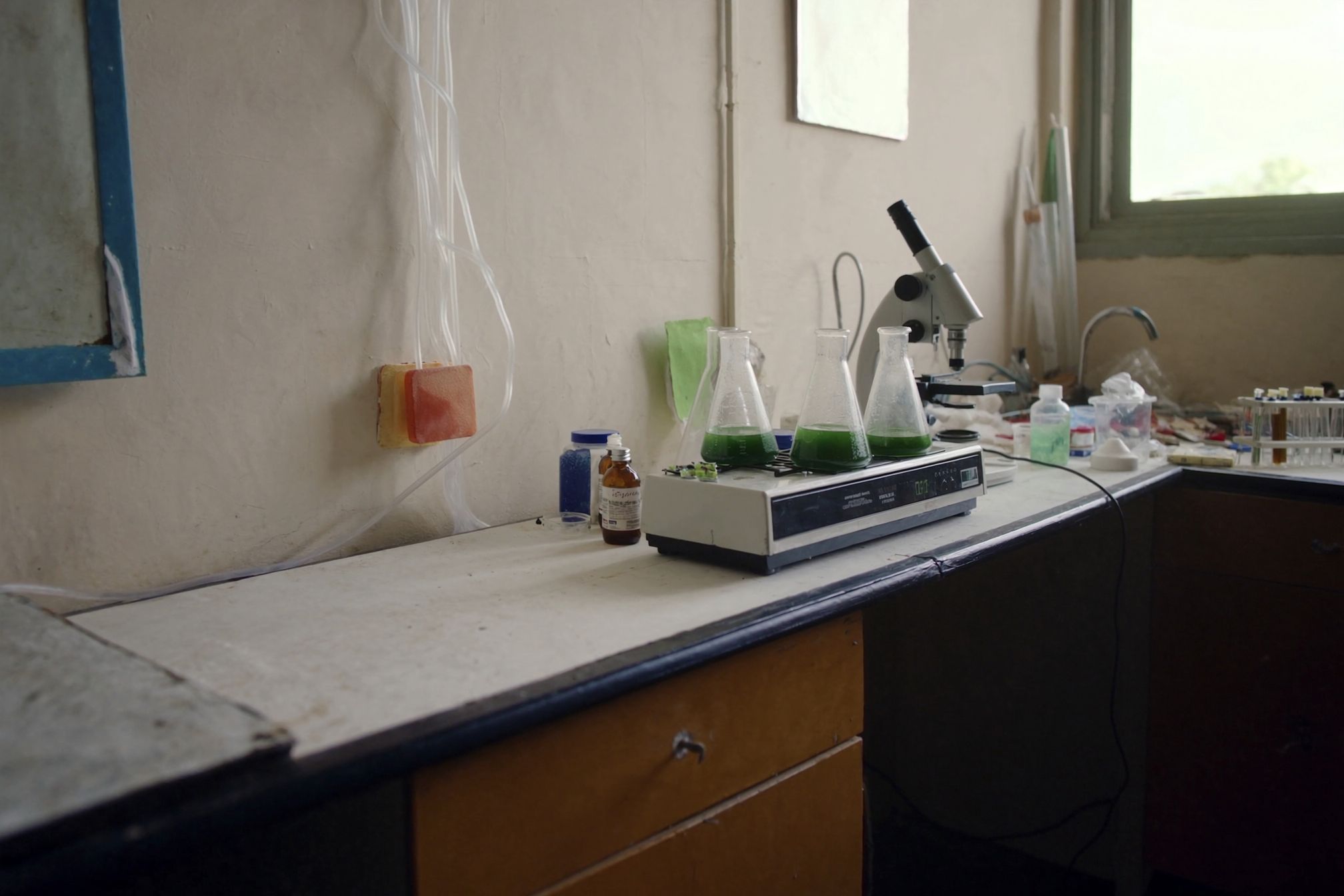 A laboratory bench by a window with three conical flasks of green algae culture on a stirrer plate, a microscope, small reagent bottles and tubing running down the wall.